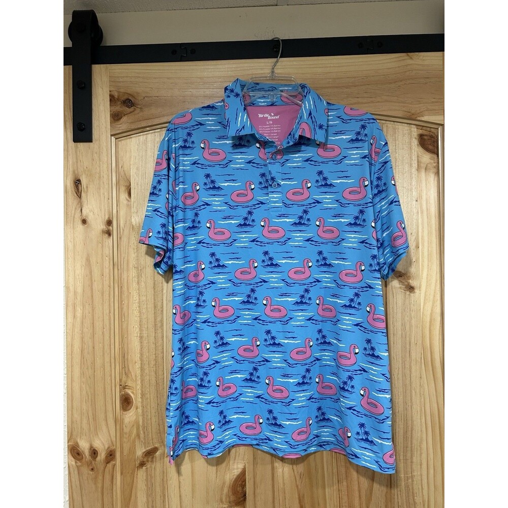 Birdie Bound Performance Men’s Golf Polo Blue Flamingo Floaties Beach Island L